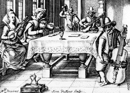 Simon de Passe: Musizierende Gesellschaft, 1612, Kupferstich (Detail), 10,4 x 13,8 cm, Kunstsammlungen Veste Coburg, Inv.-Nr. VII 308.26
