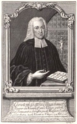 Christoph Gottfried Ungibauer / Pfarrer in Naunhoff und Klinge, geboh. / d. 16. Januar. 1701. beruffen nach Marckersdorff / d. 26. Octobr. 1732. nach Naunh: u. Klinge d. 24. Febr. 1734.